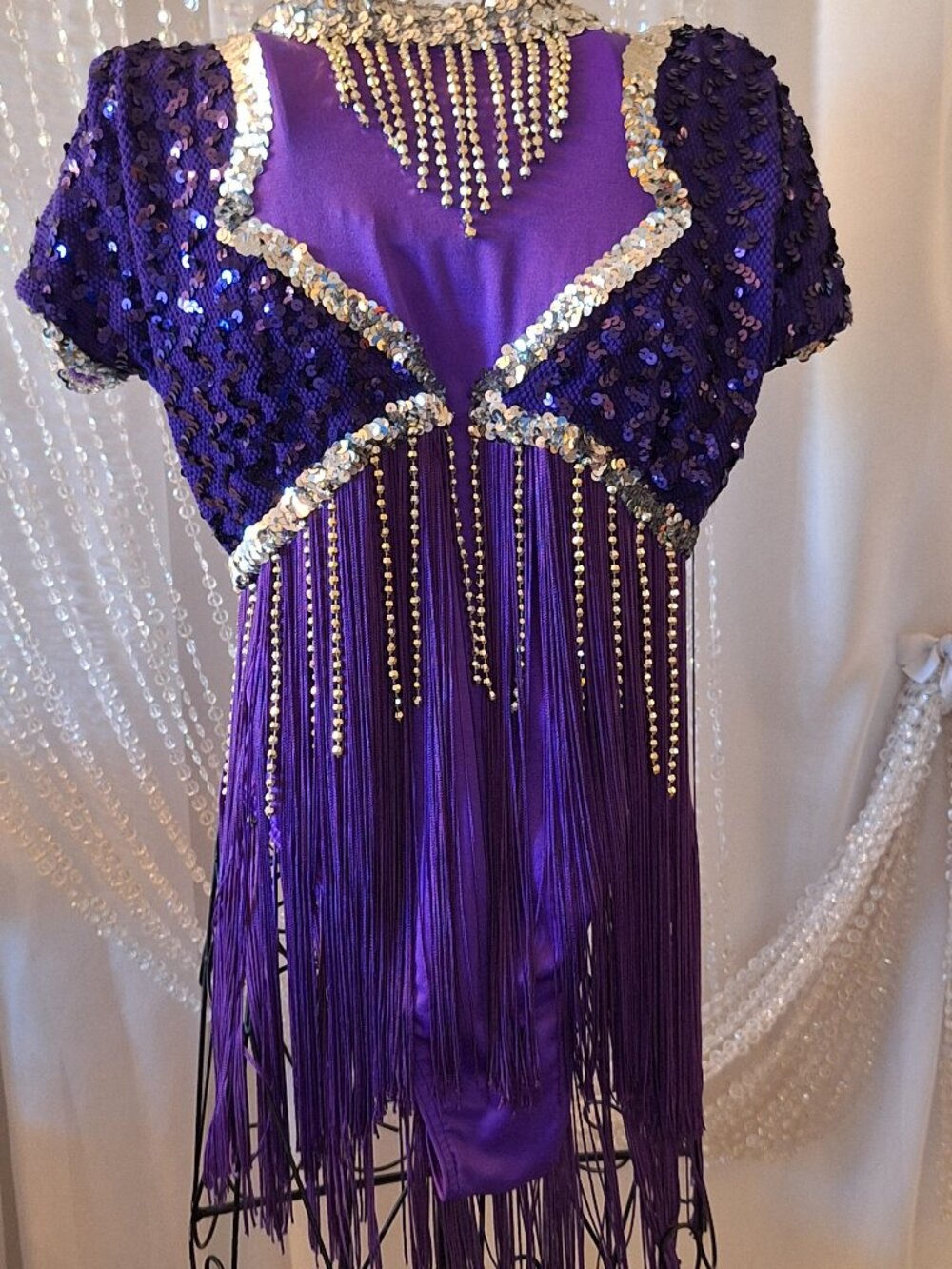 Vintage Purple & Silver Sequin with Fringe Bodysuit Dance, Parade, Ice Skating